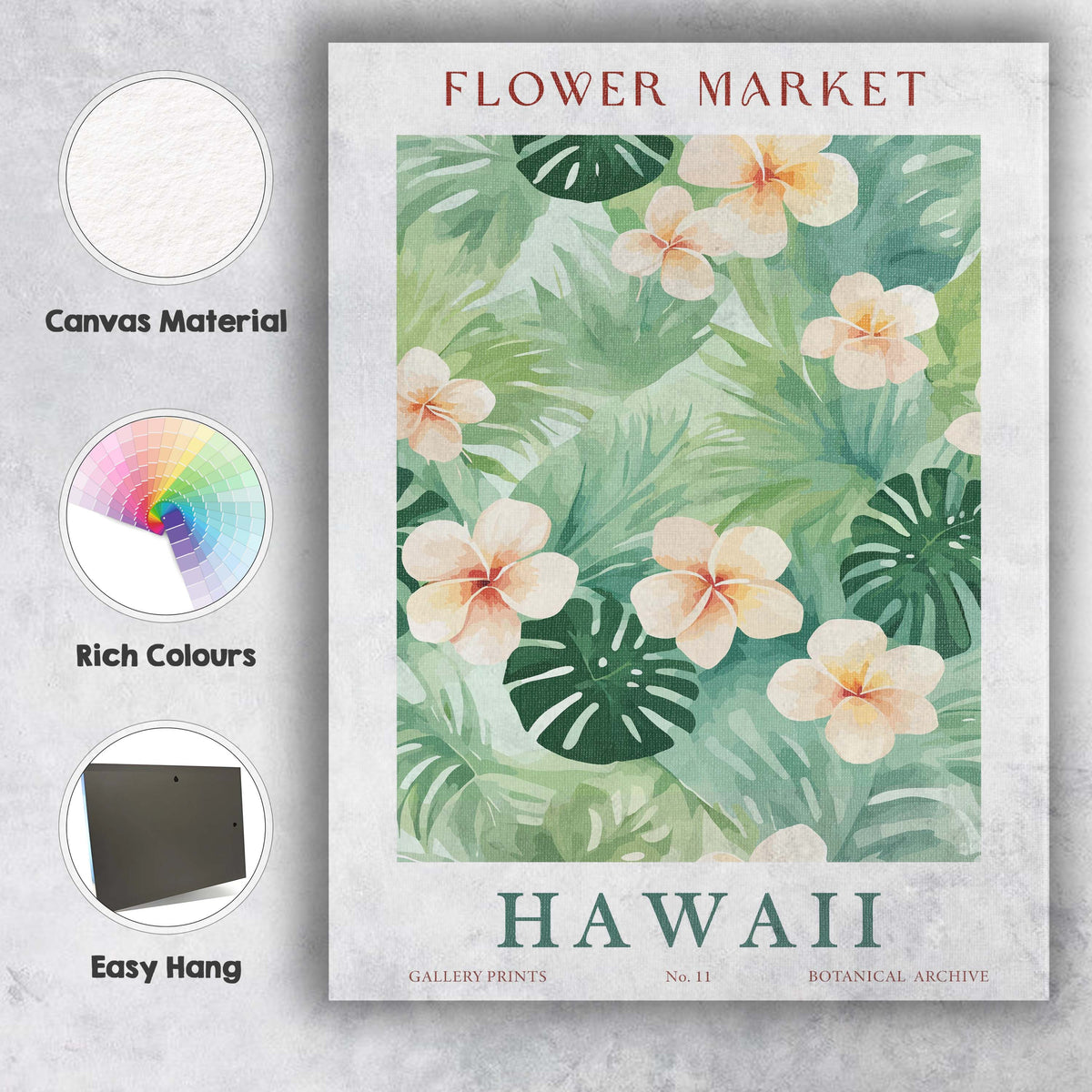 Tropical Hawaiian Plumeria Flower Monstera Leaf Botanical Pattern Canvas Wall Art Print Decor Picture Ready to Hang