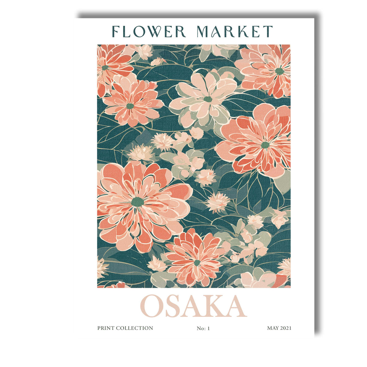 Peach Chrysanthemum Floral Pattern Dark Teal Botanical Design Canvas Wall Art Print Decor Picture Ready to Hang