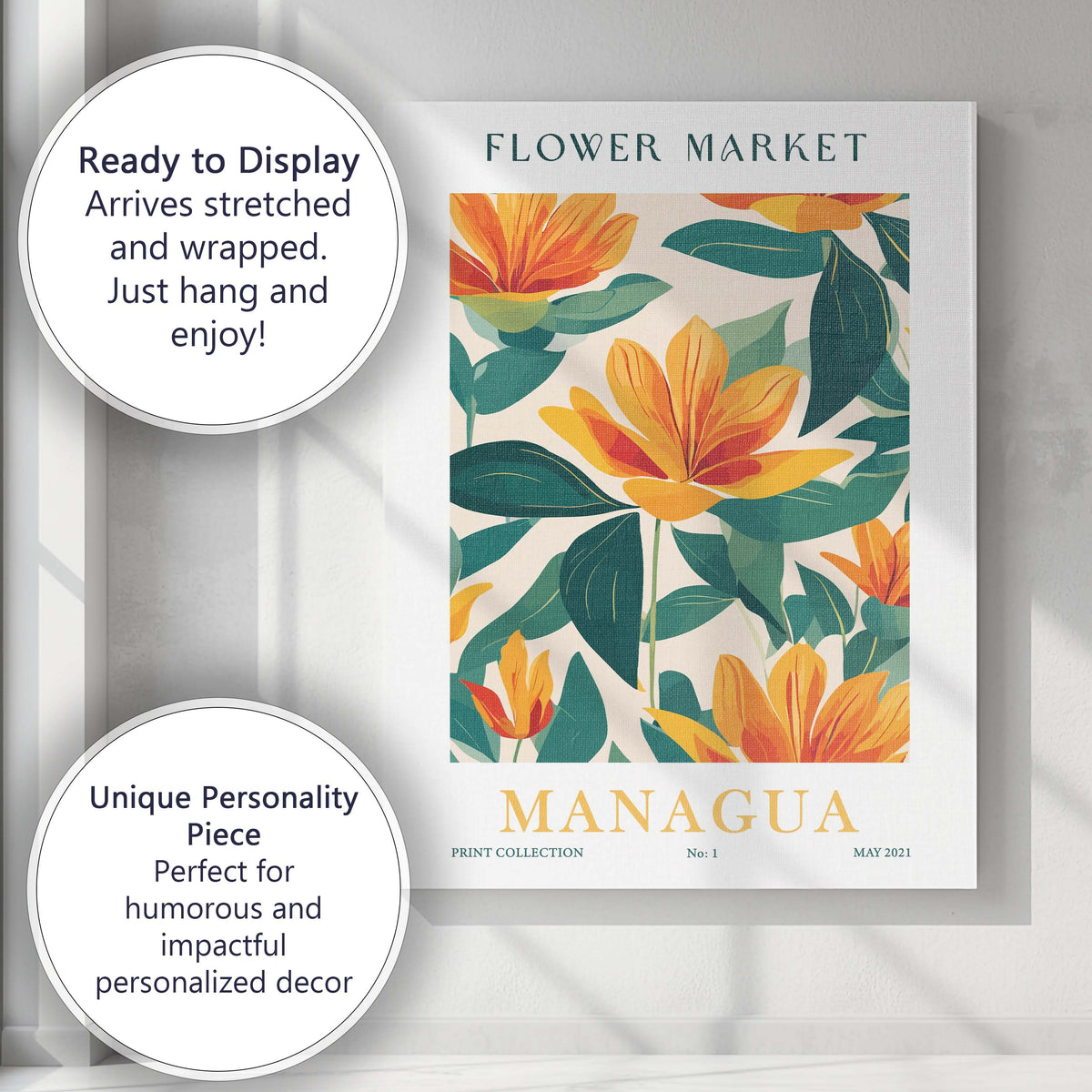Golden Yellow Lily Tropical Botanical Floral Pattern Canvas Wall Art Print Decor Picture Ready to Hang