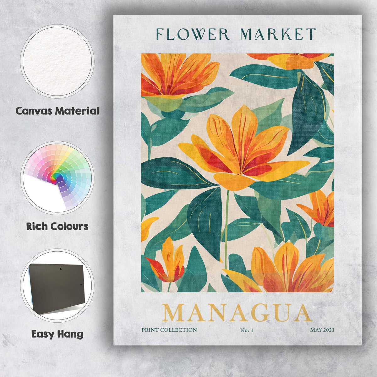 Golden Yellow Lily Tropical Botanical Floral Pattern Canvas Wall Art Print Decor Picture Ready to Hang
