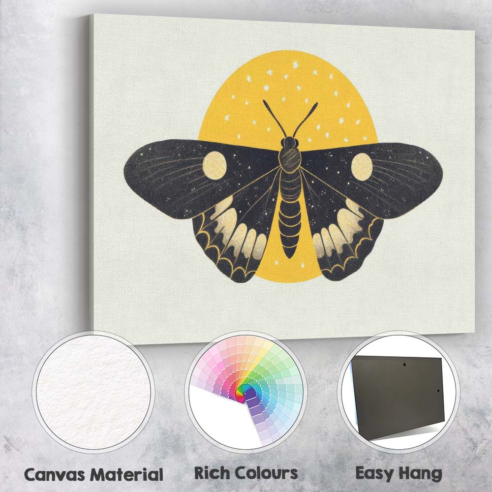 Celestial Moon Moth Night Sky Illustration Black And Gold Lunar Artwork Canvas Wall Art Print Decor Picture Ready to Hang