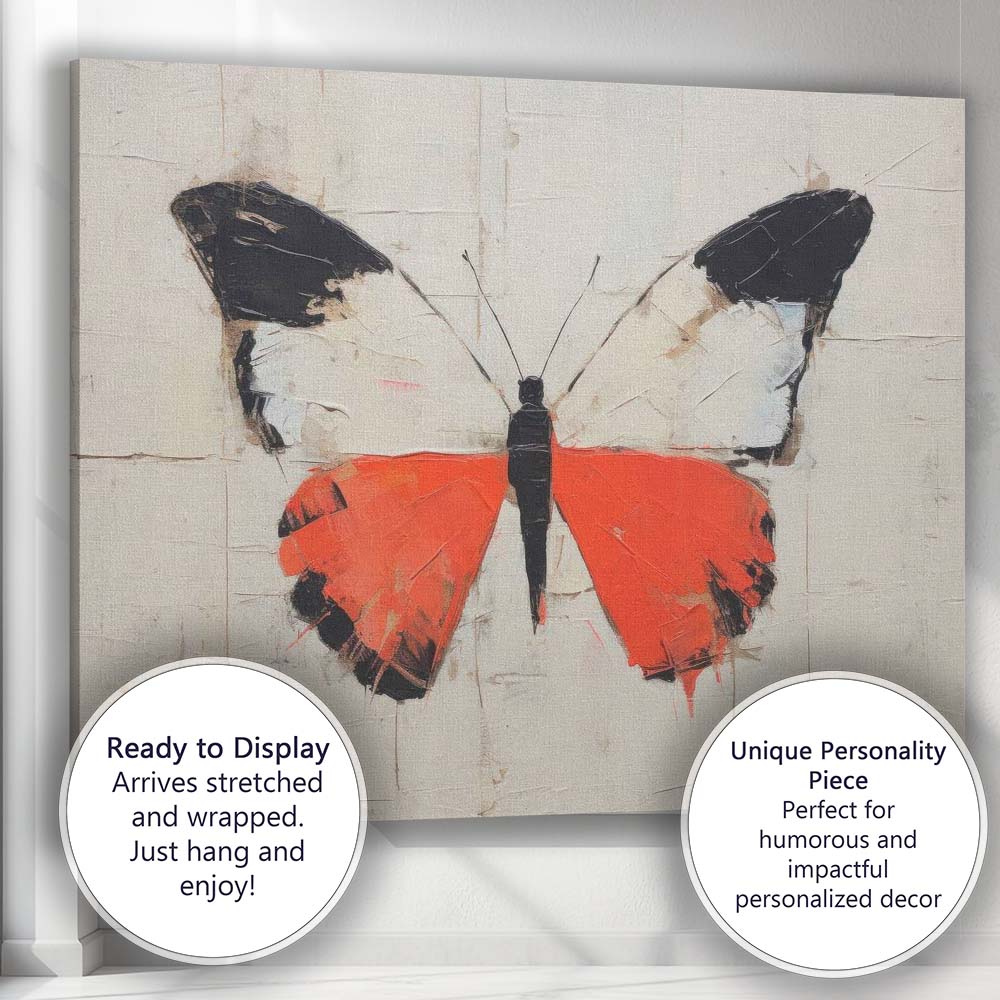 Red Black And White Abstract Butterfly Palette Knife Textured Painting Canvas Wall Art Print Decor Picture Ready to Hang