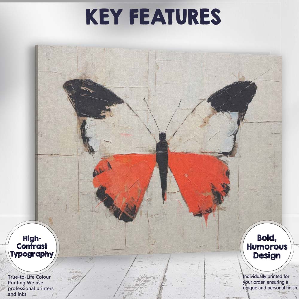 Red Black And White Abstract Butterfly Palette Knife Textured Painting Canvas Wall Art Print Decor Picture Ready to Hang