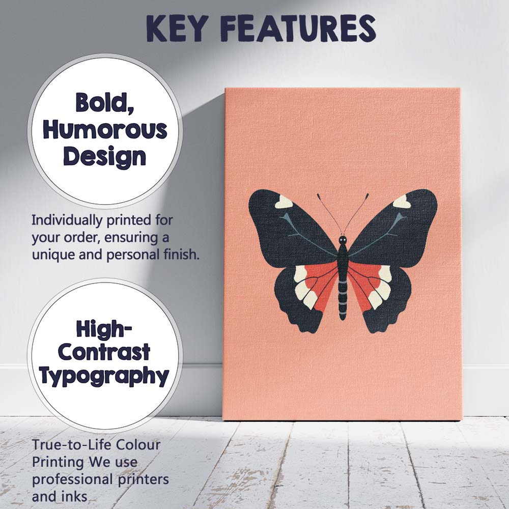 Modern Minimalist Butterfly Illustration Coral Pink Contemporary Artwork Canvas Wall Art Print Decor Picture Ready to Hang
