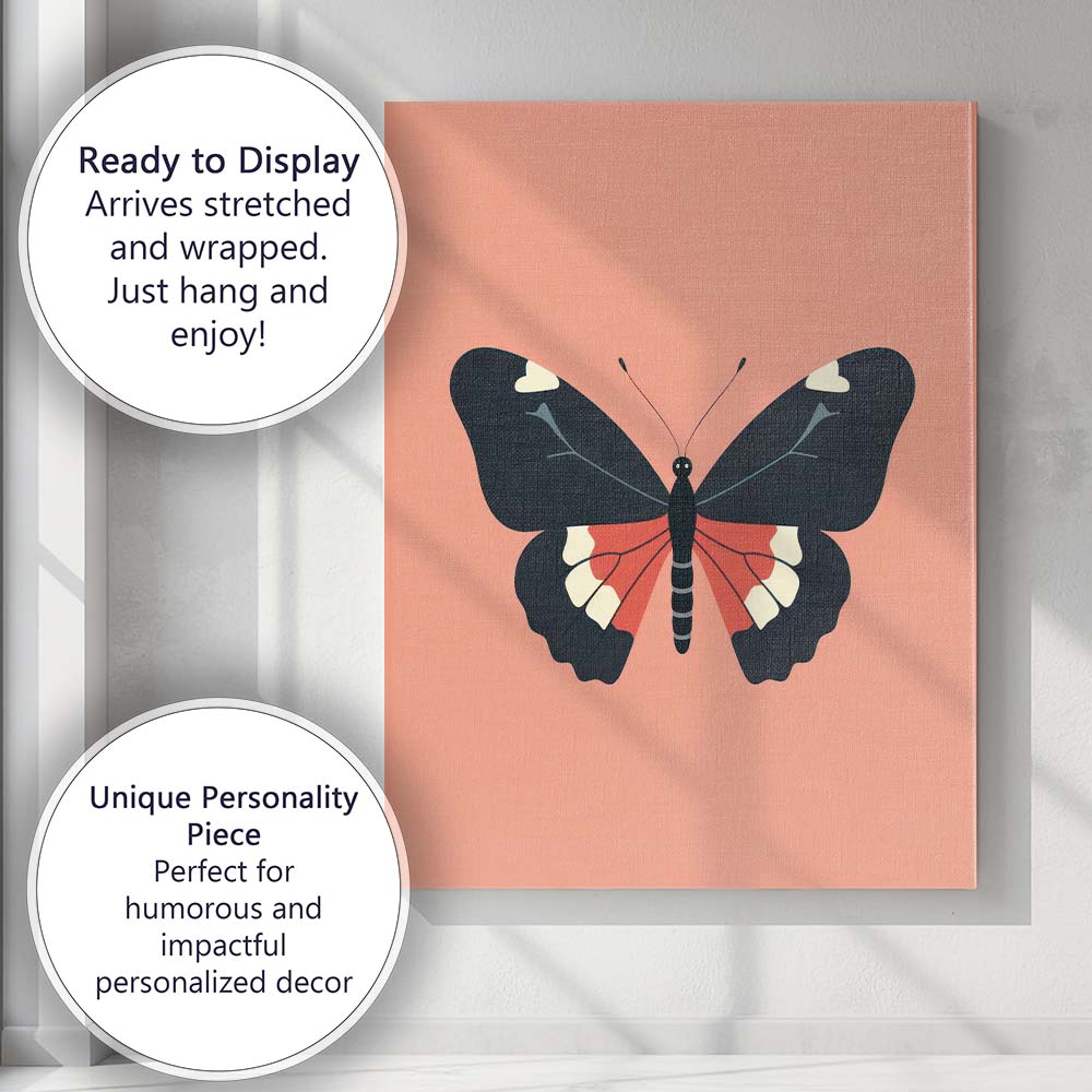 Modern Minimalist Butterfly Illustration Coral Pink Contemporary Artwork Canvas Wall Art Print Decor Picture Ready to Hang
