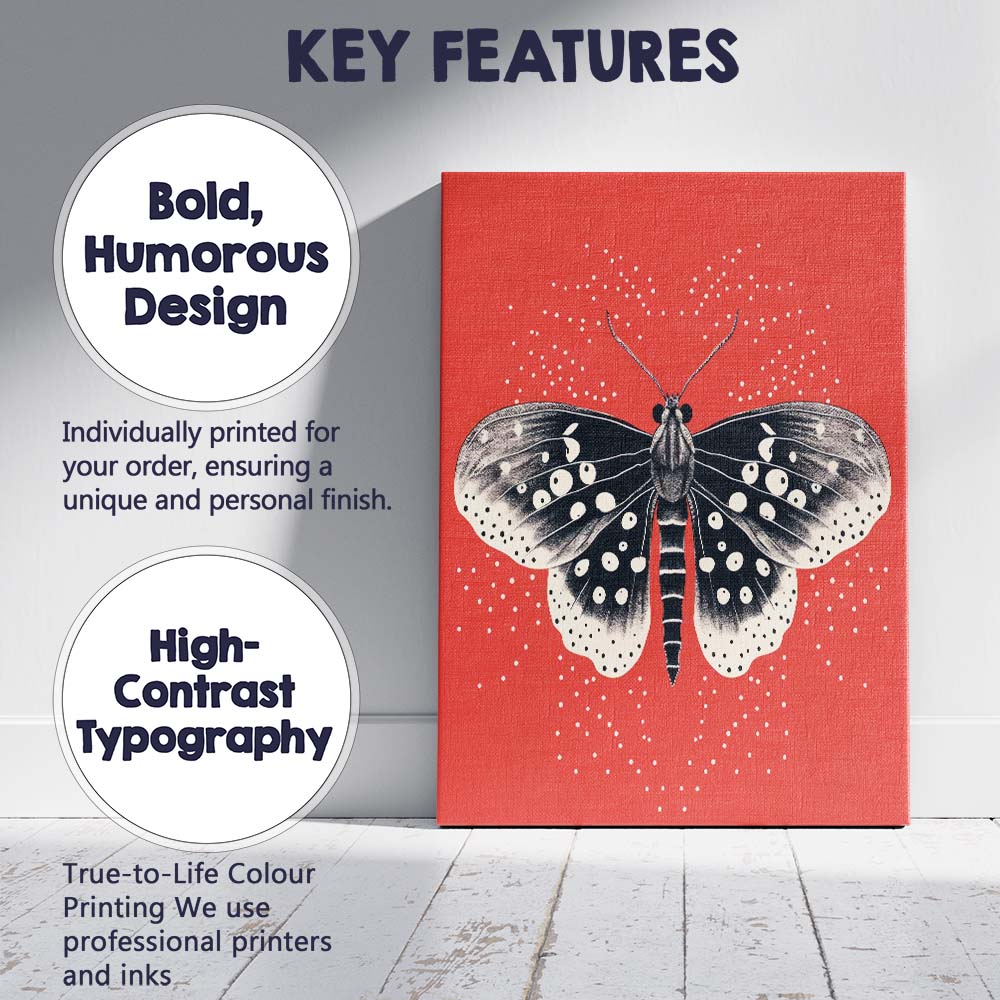 Black And White Moth Illustration On Vibrant Red Background Canvas Wall Art Print Decor Picture Ready to Hang