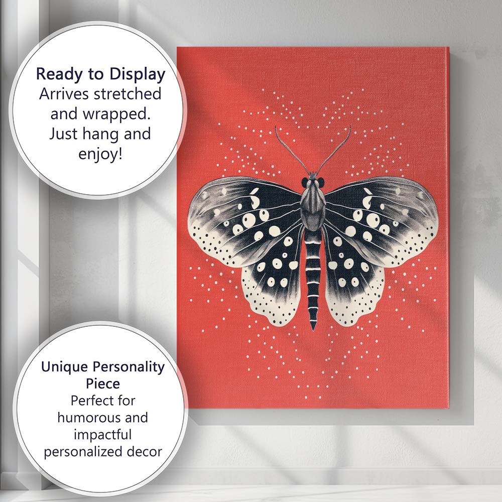 Black And White Moth Illustration On Vibrant Red Background Canvas Wall Art Print Decor Picture Ready to Hang