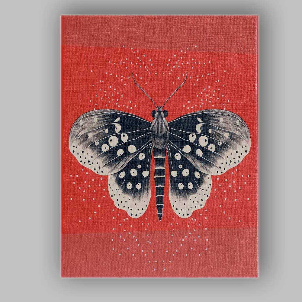 Black And White Moth Illustration On Vibrant Red Background Canvas Wall Art Print Decor Picture Ready to Hang