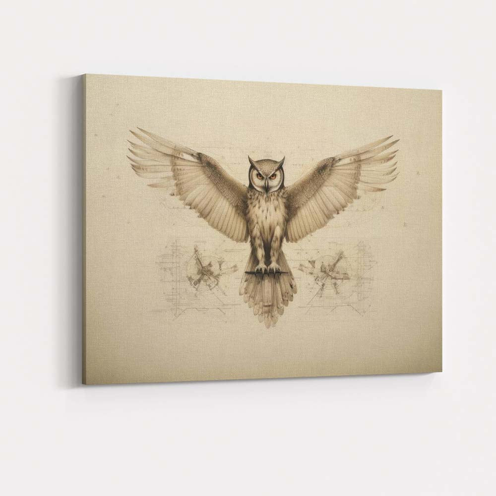 Detailed Owl With Outstretched Wings Technical Sketch Artwork Canvas Wall Art Print Decor Picture Ready to Hang