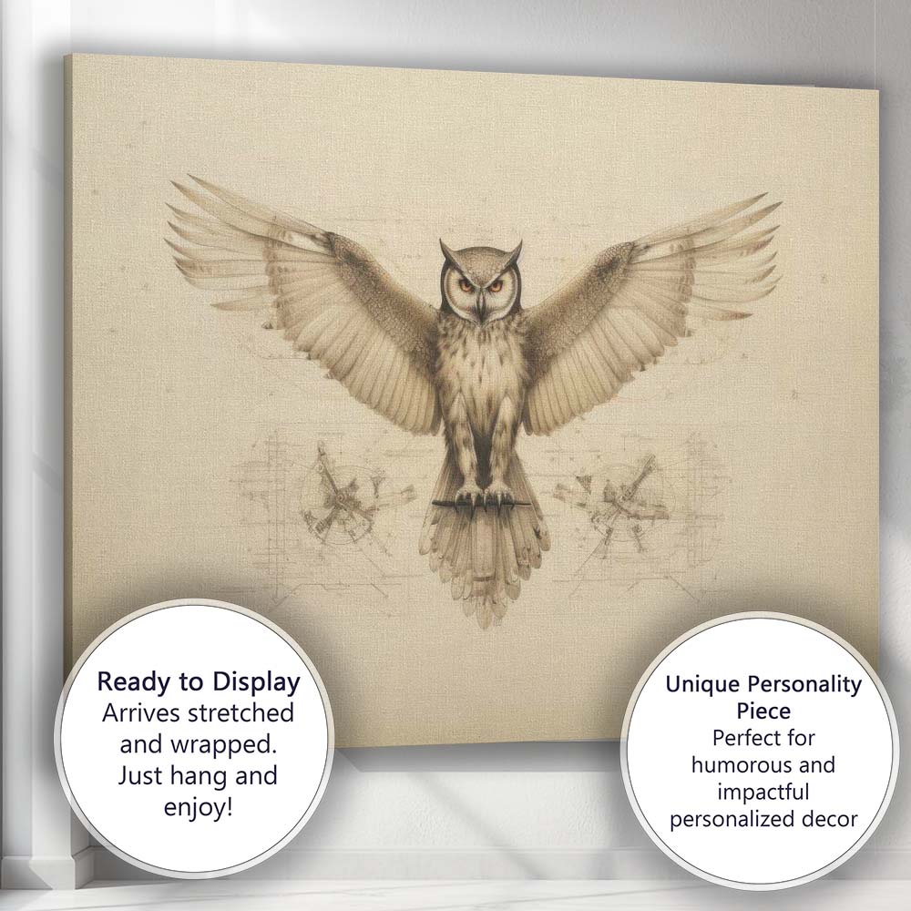 Detailed Owl With Outstretched Wings Technical Sketch Artwork Canvas Wall Art Print Decor Picture Ready to Hang