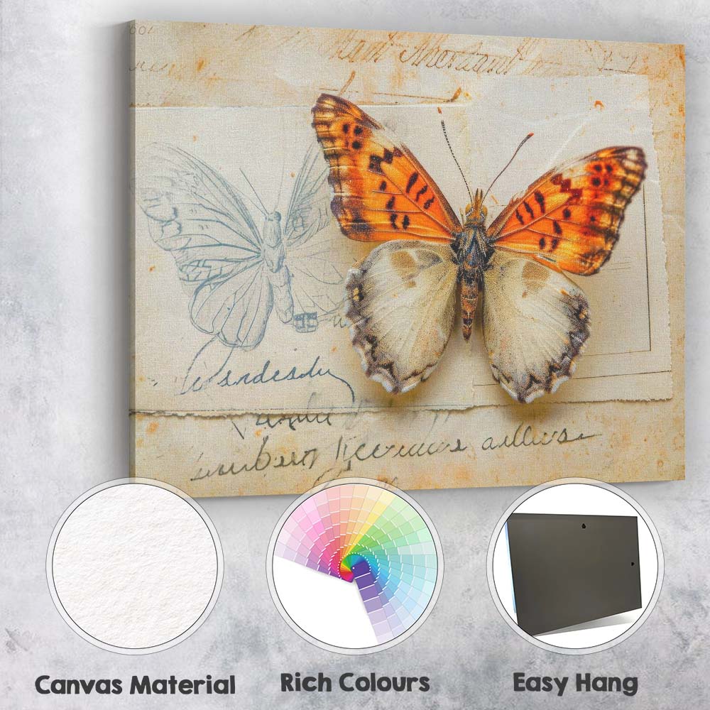 Orange And Cream Butterfly Mixed Media Natural History Artwork Canvas Wall Art Print Decor Picture Ready to Hang