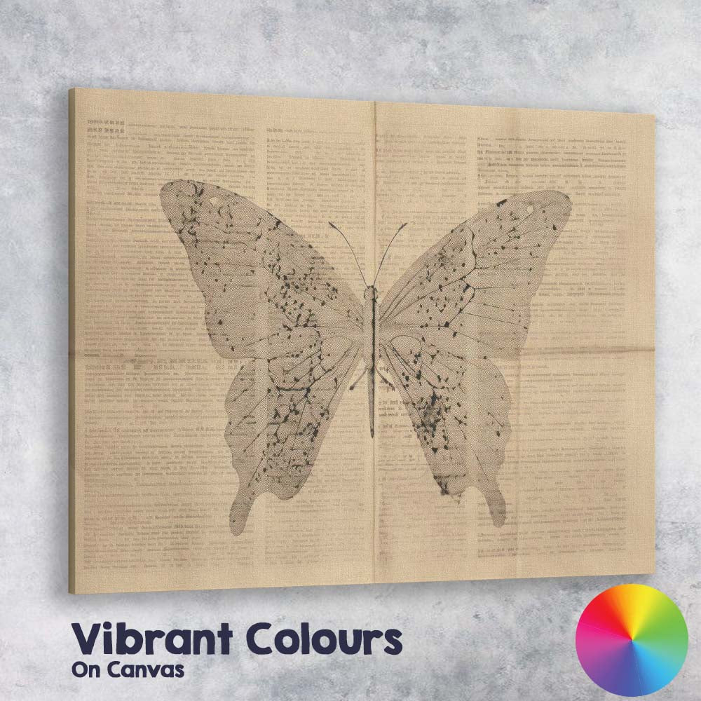 Monochrome Butterfly Silhouette Over Antique Book Pages Artwork Canvas Wall Art Print Decor Picture Ready to Hang