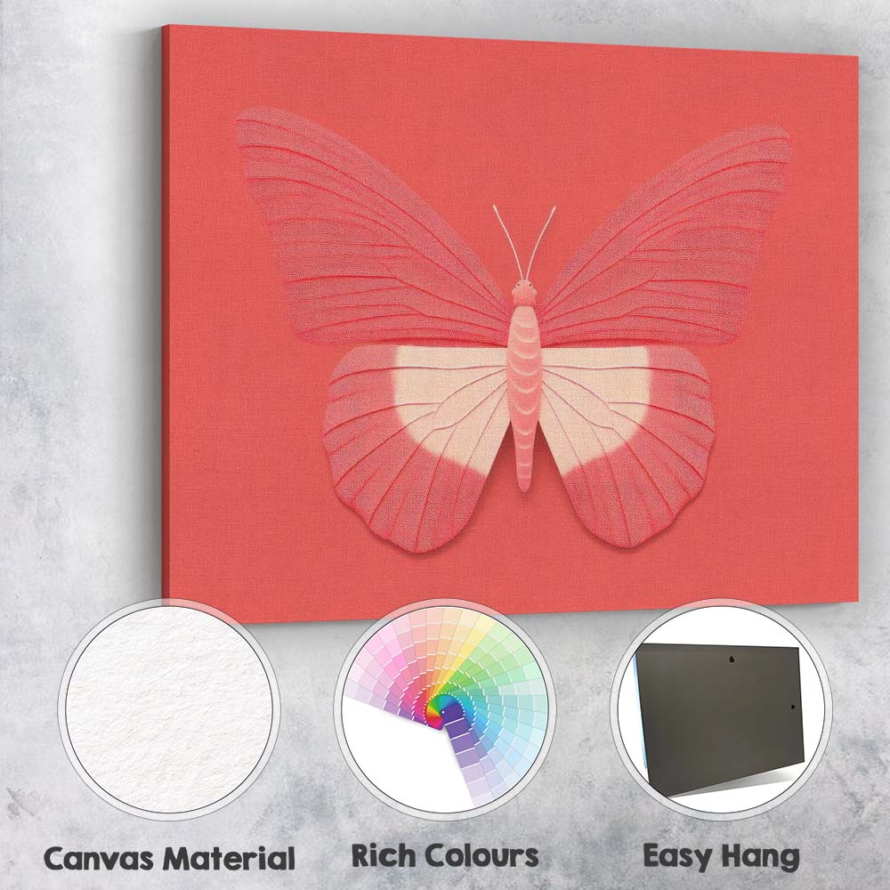 Contemporary Coral Pink Butterfly Minimalist Modern Graphic Illustration Canvas Wall Art Print Decor Picture Ready to Hang