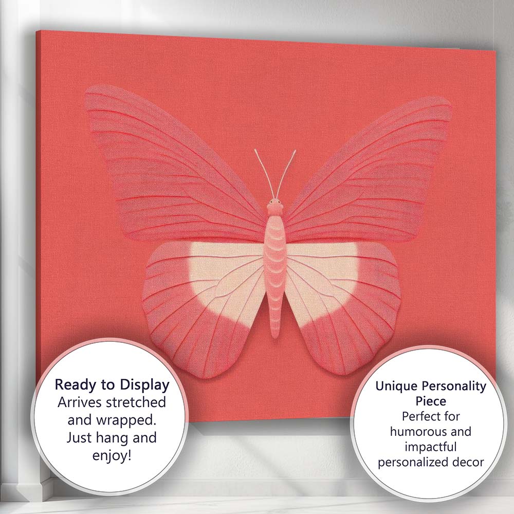 Contemporary Coral Pink Butterfly Minimalist Modern Graphic Illustration Canvas Wall Art Print Decor Picture Ready to Hang