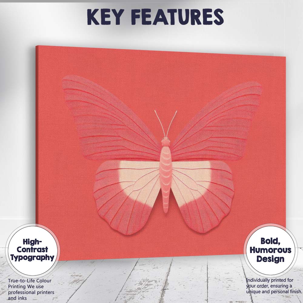 Contemporary Coral Pink Butterfly Minimalist Modern Graphic Illustration Canvas Wall Art Print Decor Picture Ready to Hang