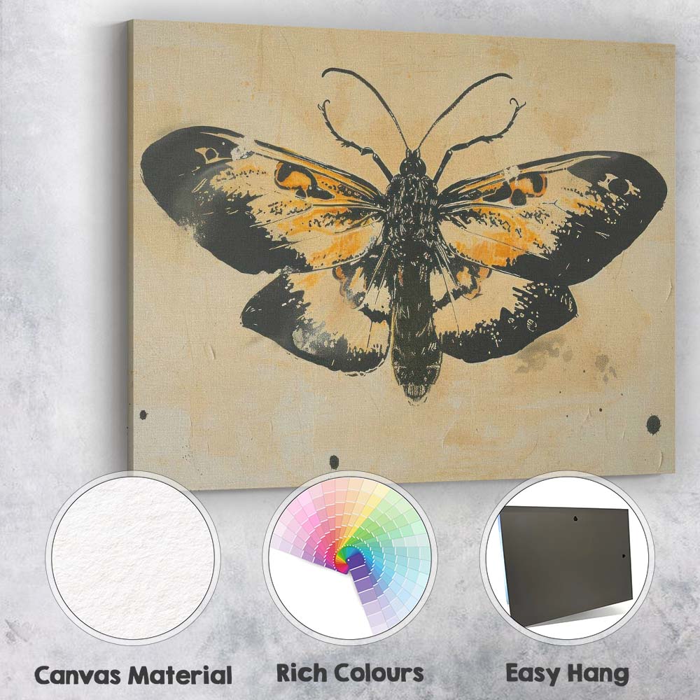 Black and Ochre Butterfly Graphic Ink Illustration Canvas Wall Art Print Decor Picture Ready to Hang