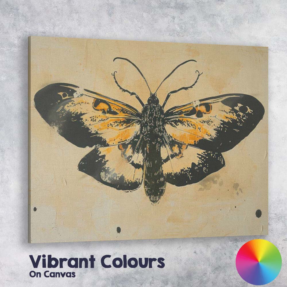Black and Ochre Butterfly Graphic Ink Illustration Canvas Wall Art Print Decor Picture Ready to Hang