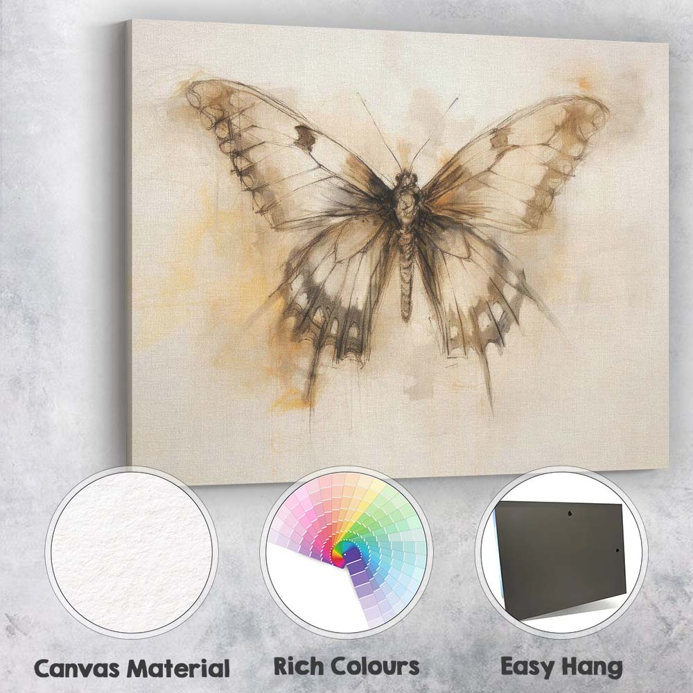 Sepia Sketch Style Distressed Butterfly Illustration Canvas Wall Art Print Decor Picture Ready to Hang
