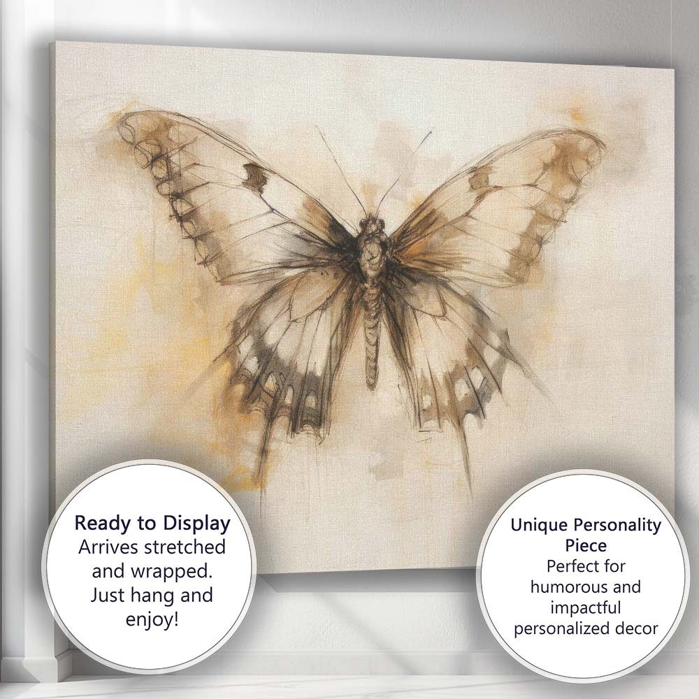 Sepia Sketch Style Distressed Butterfly Illustration Canvas Wall Art Print Decor Picture Ready to Hang