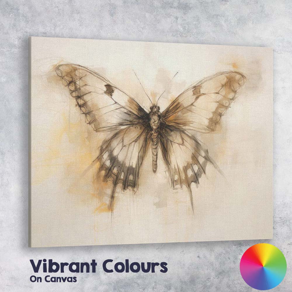 Sepia Sketch Style Distressed Butterfly Illustration Canvas Wall Art Print Decor Picture Ready to Hang