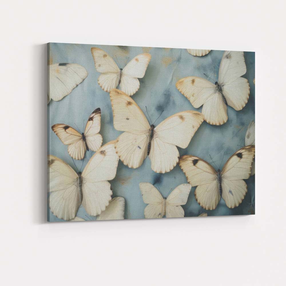 Cream Butterfly Arrangement Blue Marble Effect Canvas Wall Art Print Decor Picture Ready to Hang