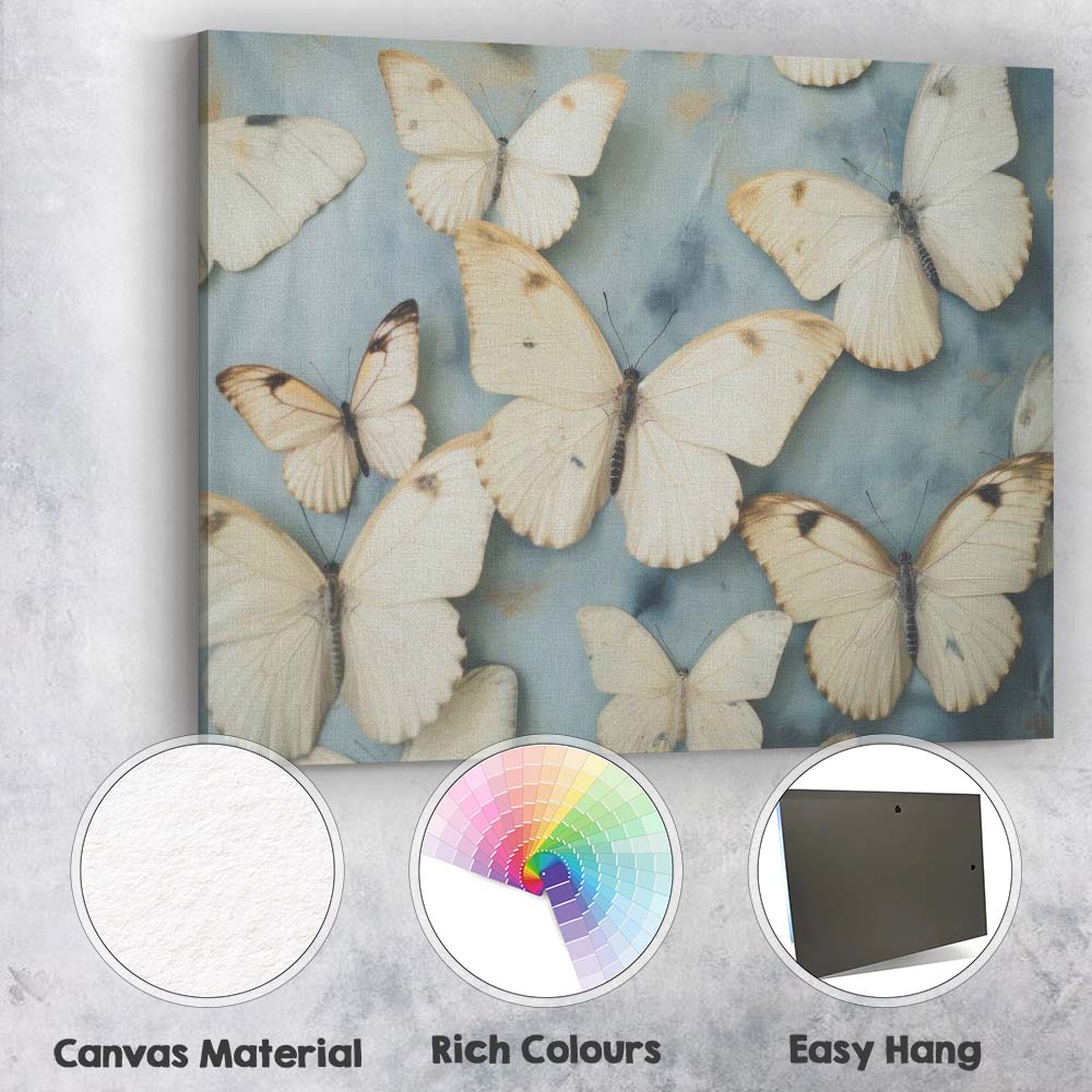 Cream Butterfly Arrangement Blue Marble Effect Canvas Wall Art Print Decor Picture Ready to Hang