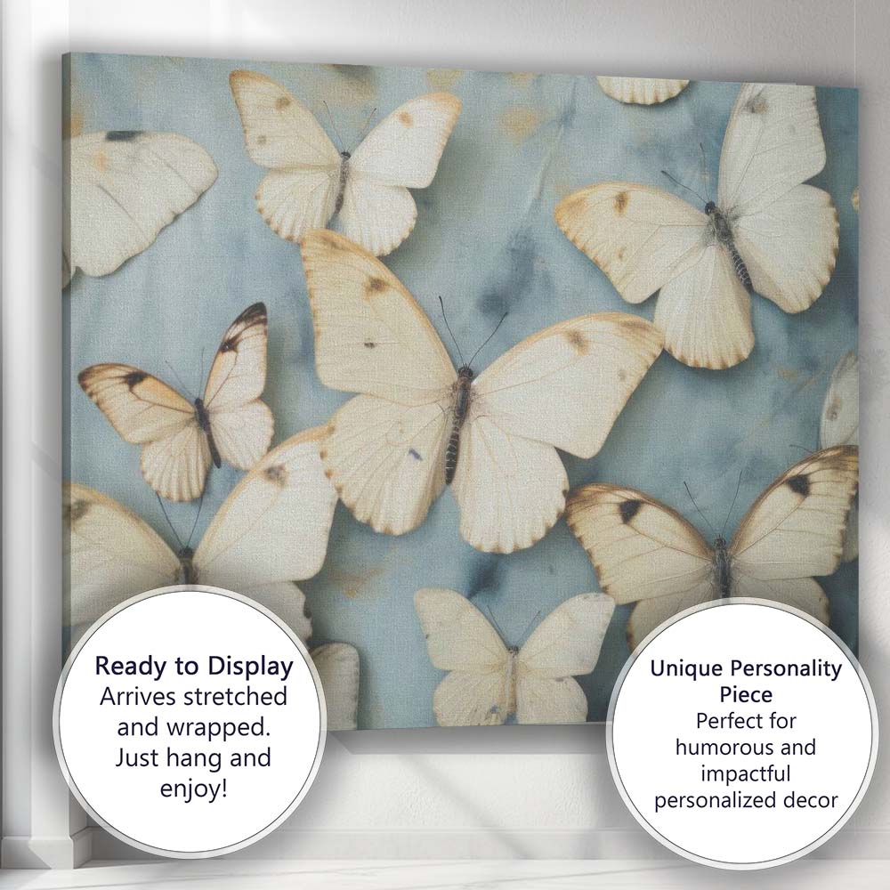 Cream Butterfly Arrangement Blue Marble Effect Canvas Wall Art Print Decor Picture Ready to Hang