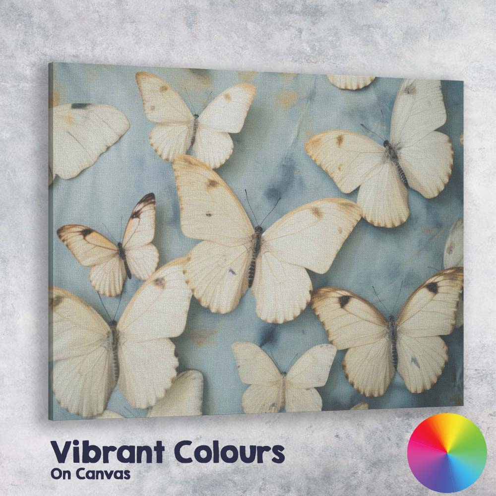 Cream Butterfly Arrangement Blue Marble Effect Canvas Wall Art Print Decor Picture Ready to Hang