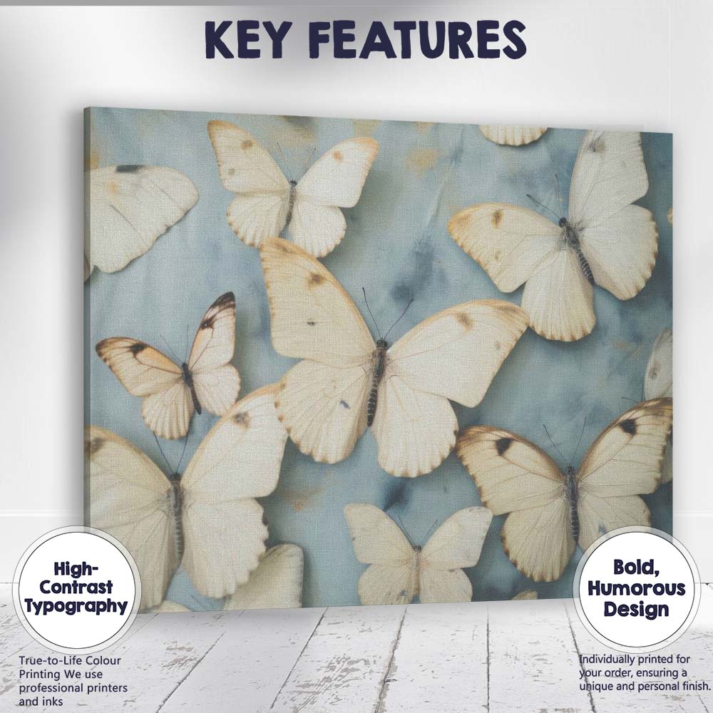 Cream Butterfly Arrangement Blue Marble Effect Canvas Wall Art Print Decor Picture Ready to Hang