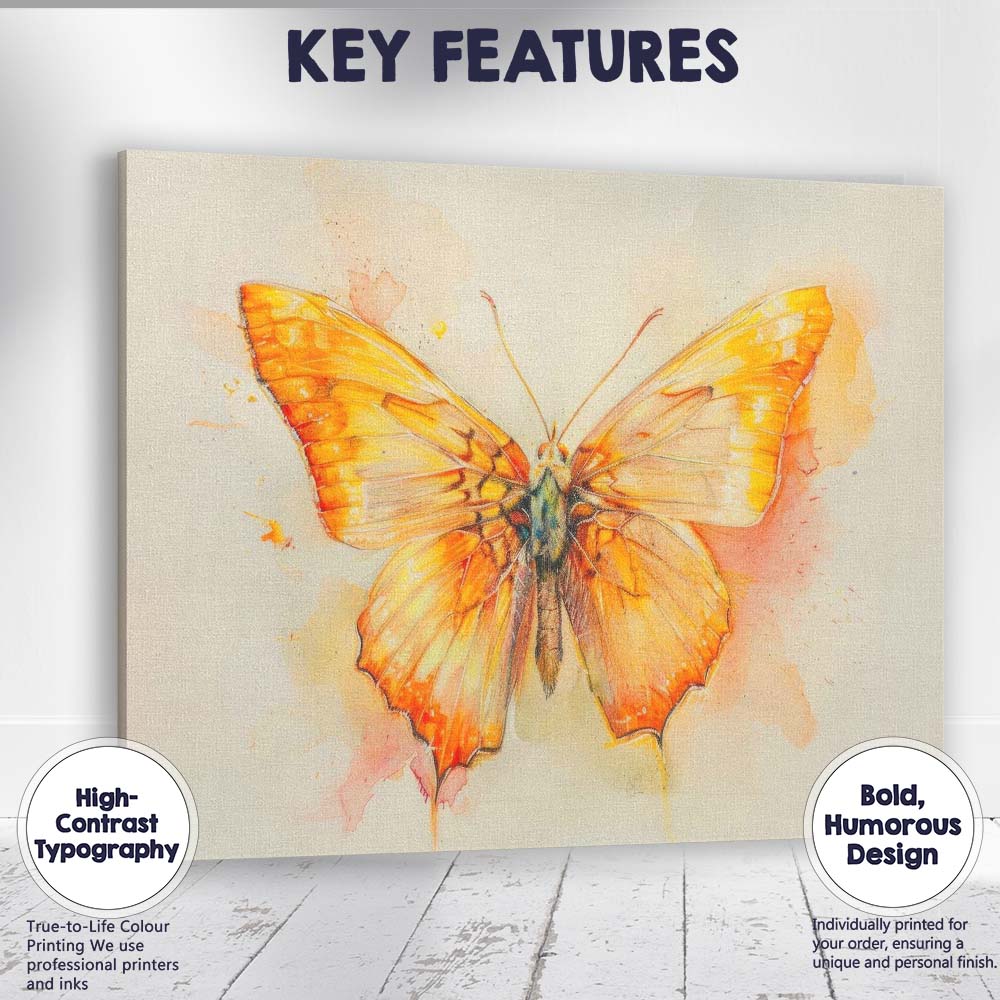 Golden Orange Butterfly Watercolour Nature Study Canvas Wall Art Print Decor Picture Ready to Hang