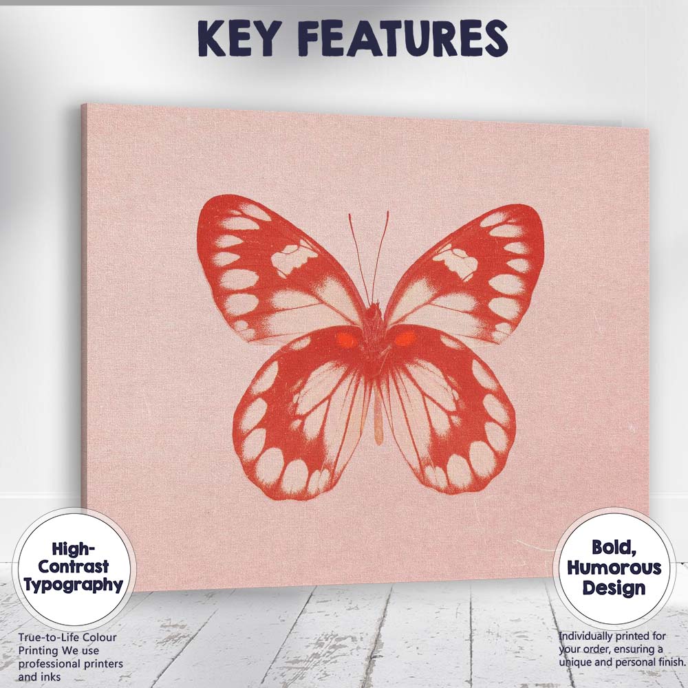Red Butterfly Minimal Monochrome Nature Illustration Canvas Wall Art Print Decor Picture Ready to Hang