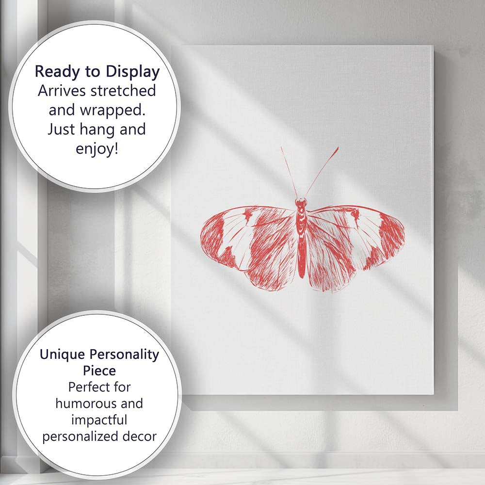 Red Butterfly Line Art Minimalist Nature Illustration Canvas Wall Art Print Decor Picture Ready to Hang