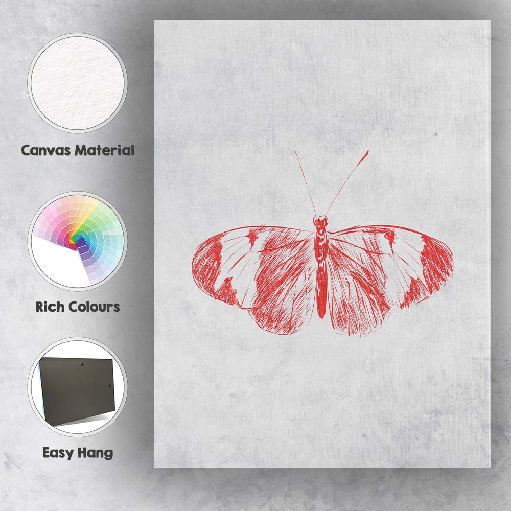 Red Butterfly Line Art Minimalist Nature Illustration Canvas Wall Art Print Decor Picture Ready to Hang