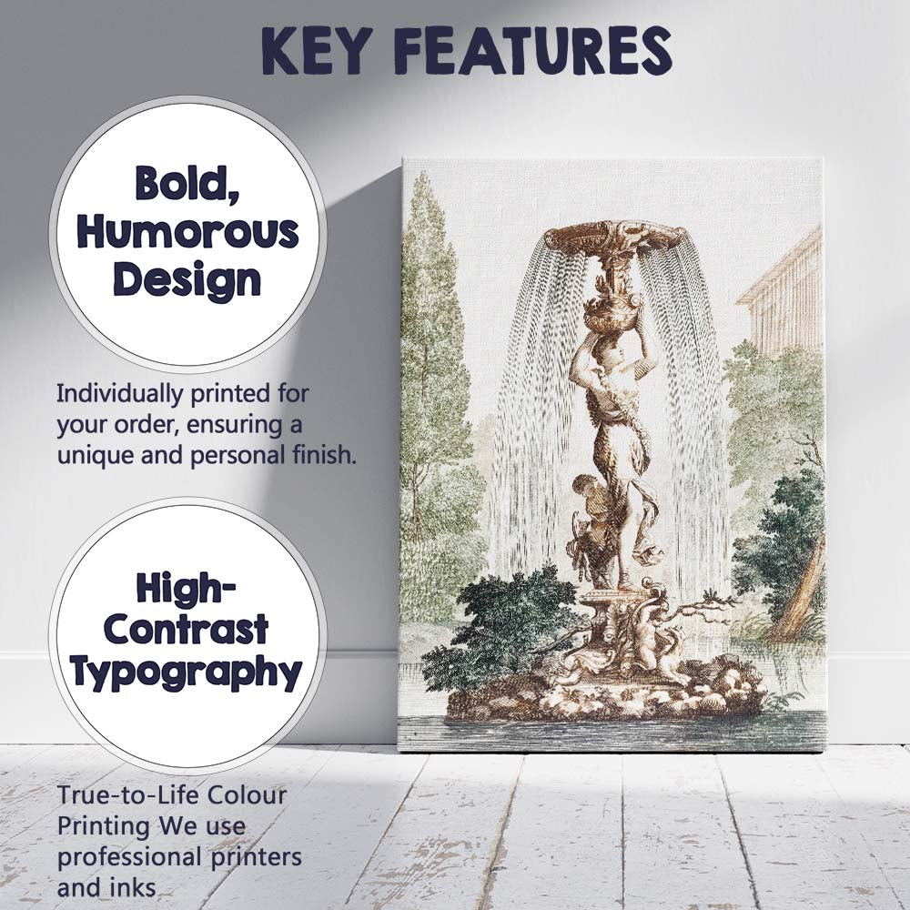 Antique Classical Garden Fountain Engraving Ornamental Landscape Artwork Canvas Wall Art Print Decor Picture Ready to Hang