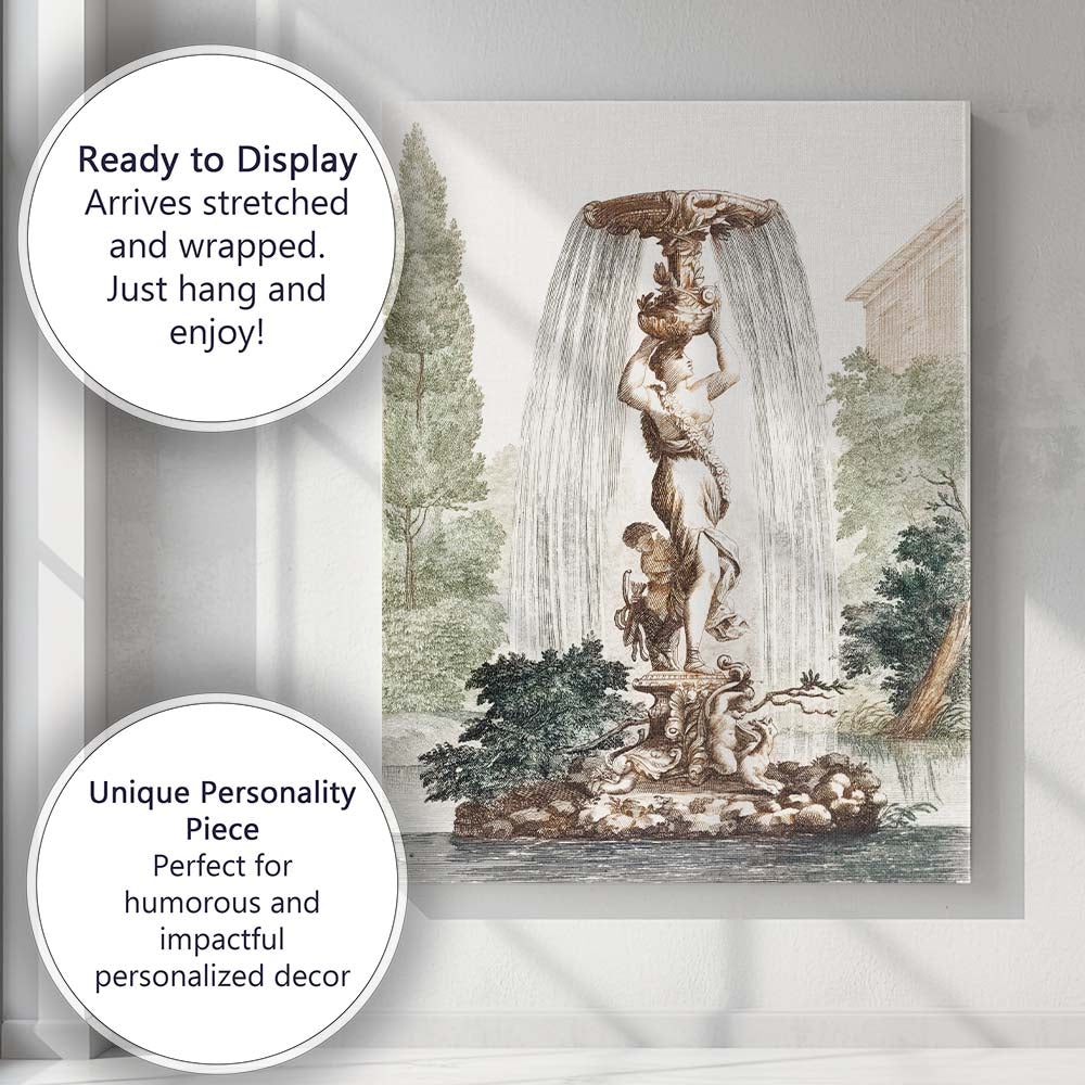 Antique Classical Garden Fountain Engraving Ornamental Landscape Artwork Canvas Wall Art Print Decor Picture Ready to Hang