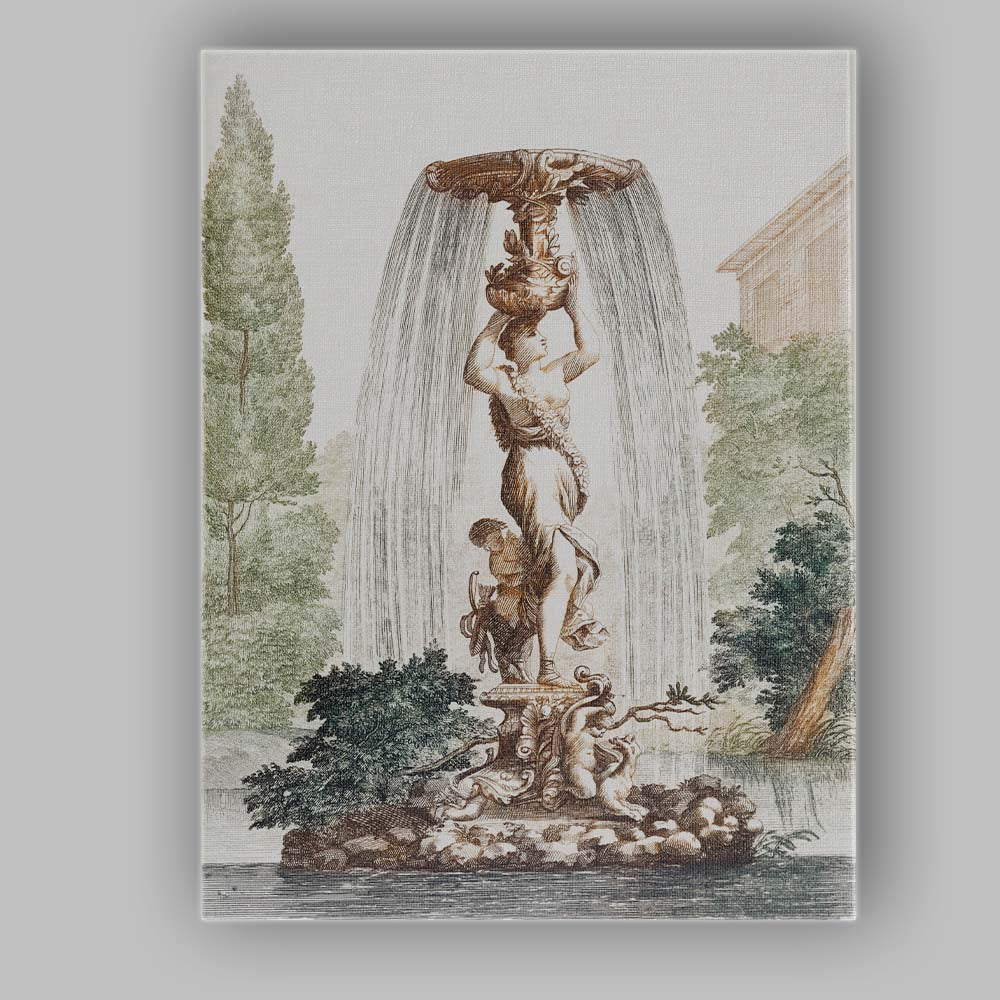 Antique Classical Garden Fountain Engraving Ornamental Landscape Artwork Canvas Wall Art Print Decor Picture Ready to Hang