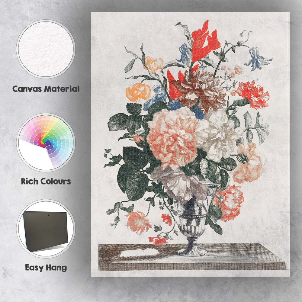 Antique Floral Bouquet Engraving Colourful Botanical Vase Arrangement Canvas Wall Art Print Decor Picture Ready to Hang