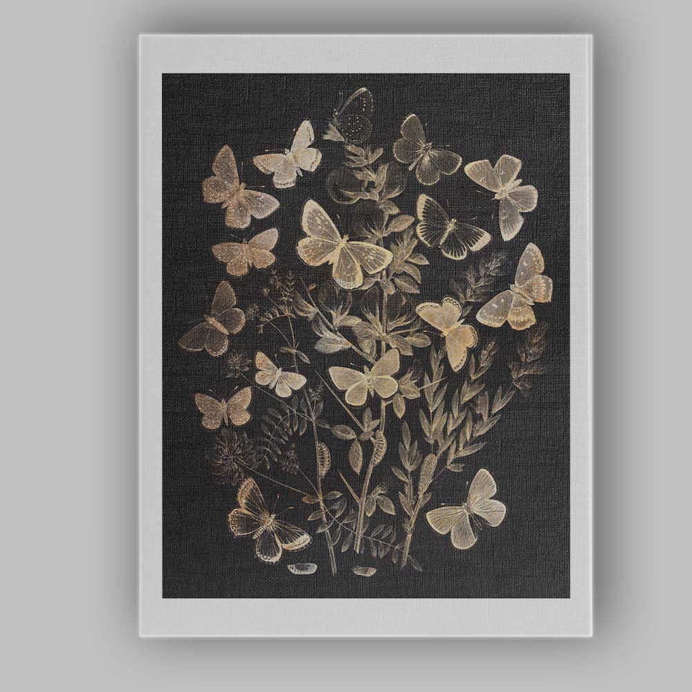 Gold Glitter Butterfly Botanical Silhouette on Black Background Canvas Wall Art Print Decor Picture Ready to Hang