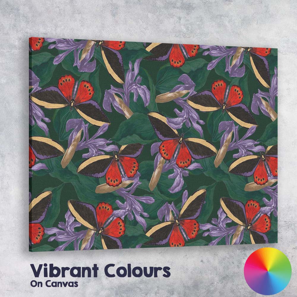 Vibrant Tropical Butterfly And Purple Floral Jungle Repeat Design Canvas Wall Art Print Decor Picture Ready to Hang