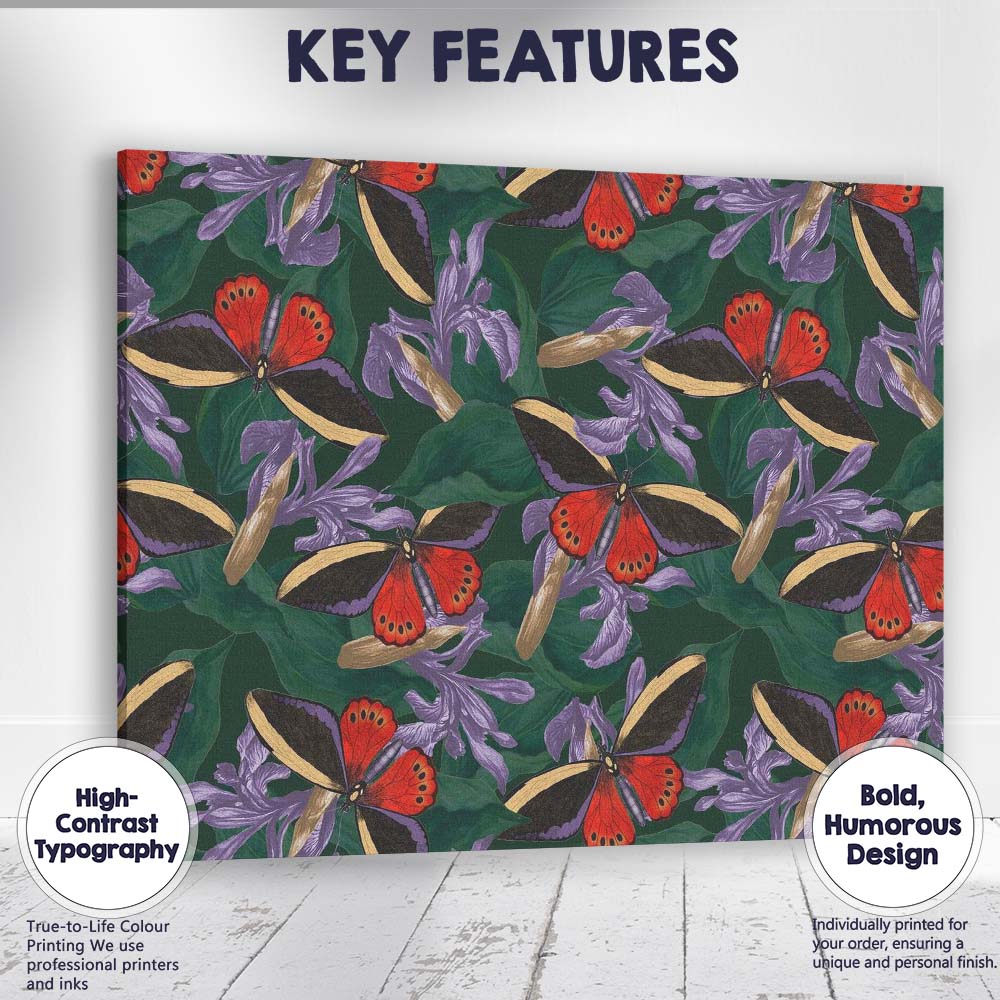 Vibrant Tropical Butterfly And Purple Floral Jungle Repeat Design Canvas Wall Art Print Decor Picture Ready to Hang
