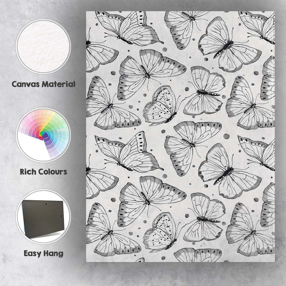Black And White Watercolour Butterfly Seamless Pattern Design Canvas Wall Art Print Decor Picture Ready to Hang
