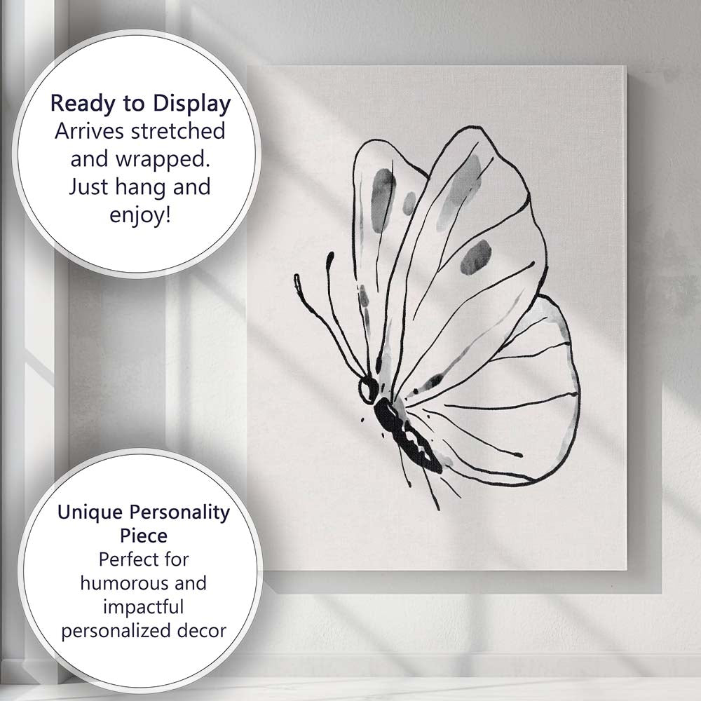 Minimalist Monochrome Butterfly Watercolour Line Art Illustration Canvas Wall Art Print Decor Picture Ready to Hang
