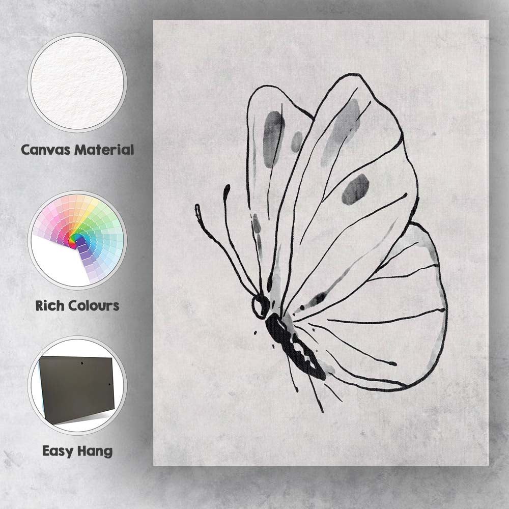 Minimalist Monochrome Butterfly Watercolour Line Art Illustration Canvas Wall Art Print Decor Picture Ready to Hang