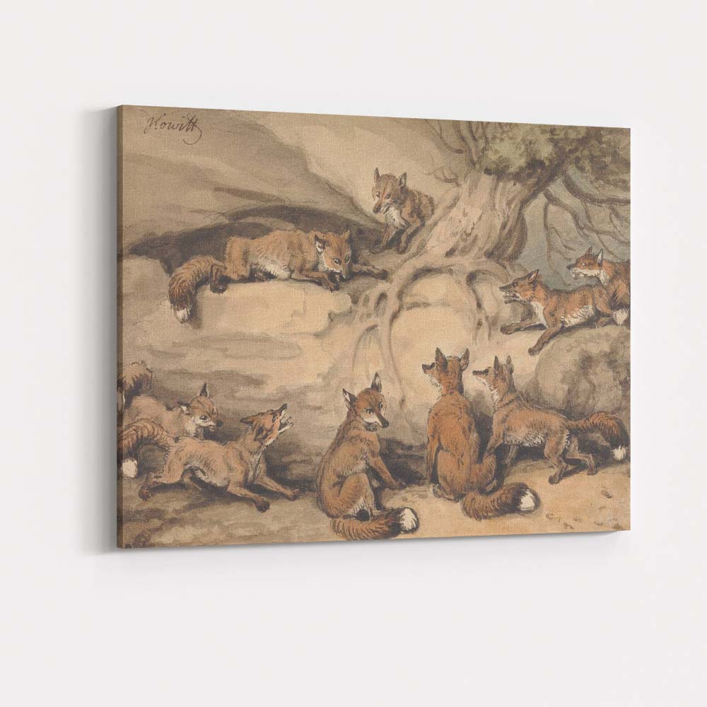 Antique Fox Family Woodland Wildlife Watercolour Illustration Canvas Wall Art Print Decor Picture Ready to Hang