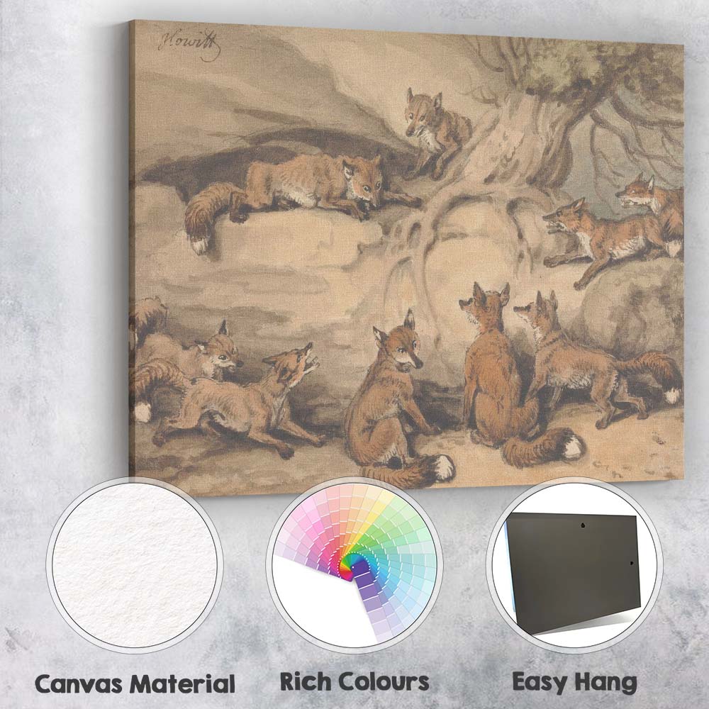 Antique Fox Family Woodland Wildlife Watercolour Illustration Canvas Wall Art Print Decor Picture Ready to Hang