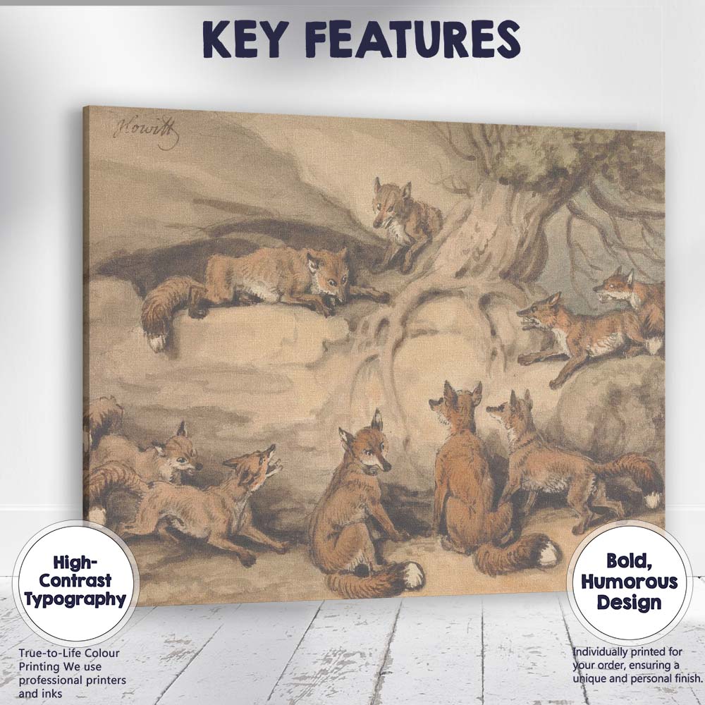 Antique Fox Family Woodland Wildlife Watercolour Illustration Canvas Wall Art Print Decor Picture Ready to Hang