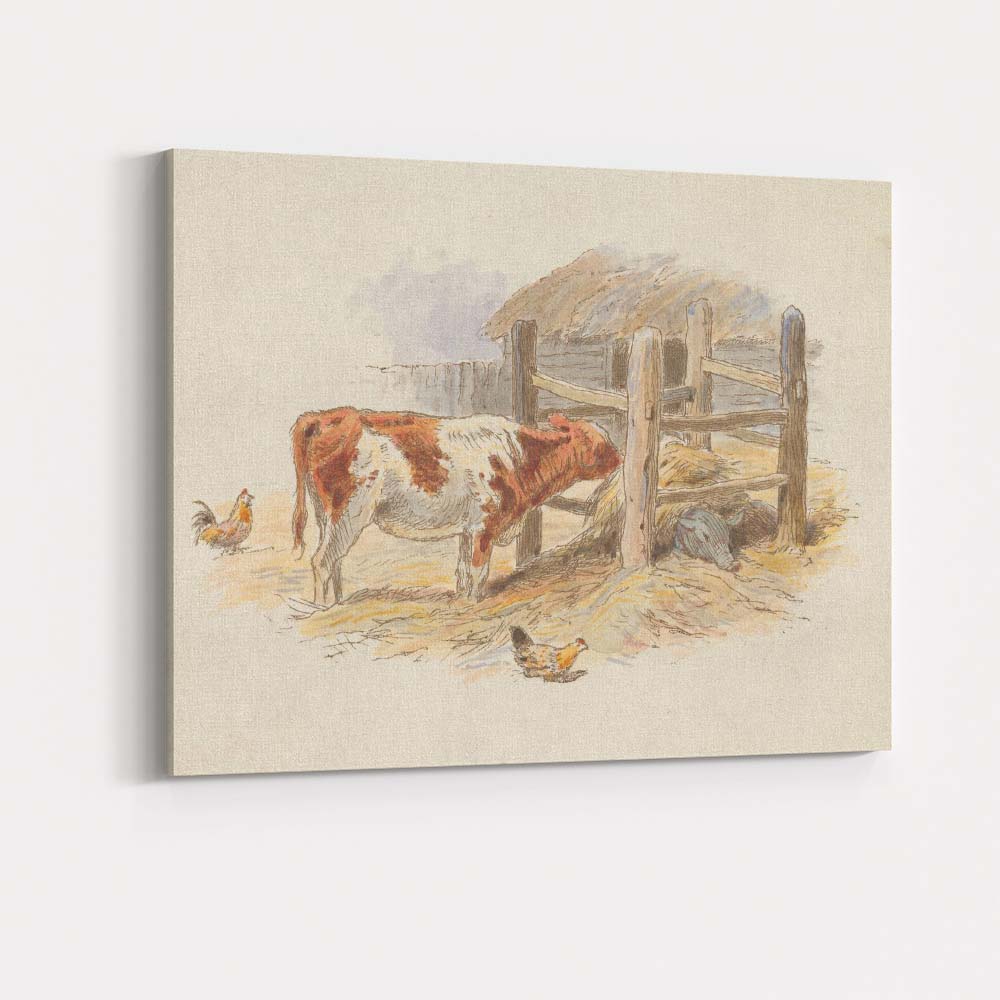 Traditional Farmyard Cow and Chickens Rural Watercolour Canvas Wall Art Print Decor Picture Ready to Hang