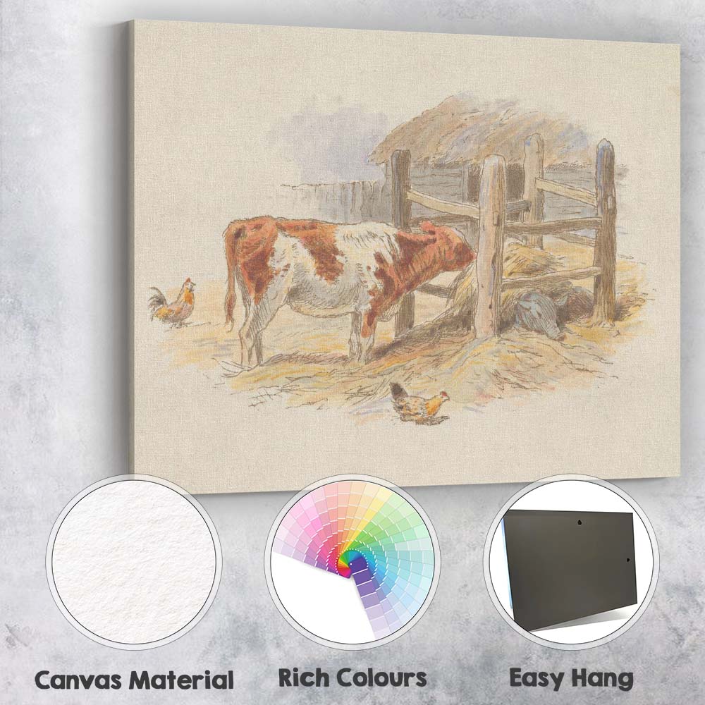 Traditional Farmyard Cow and Chickens Rural Watercolour Canvas Wall Art Print Decor Picture Ready to Hang