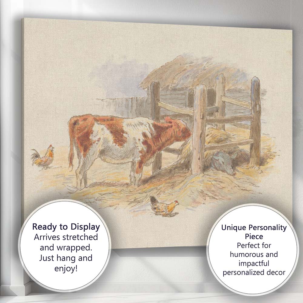 Traditional Farmyard Cow and Chickens Rural Watercolour Canvas Wall Art Print Decor Picture Ready to Hang