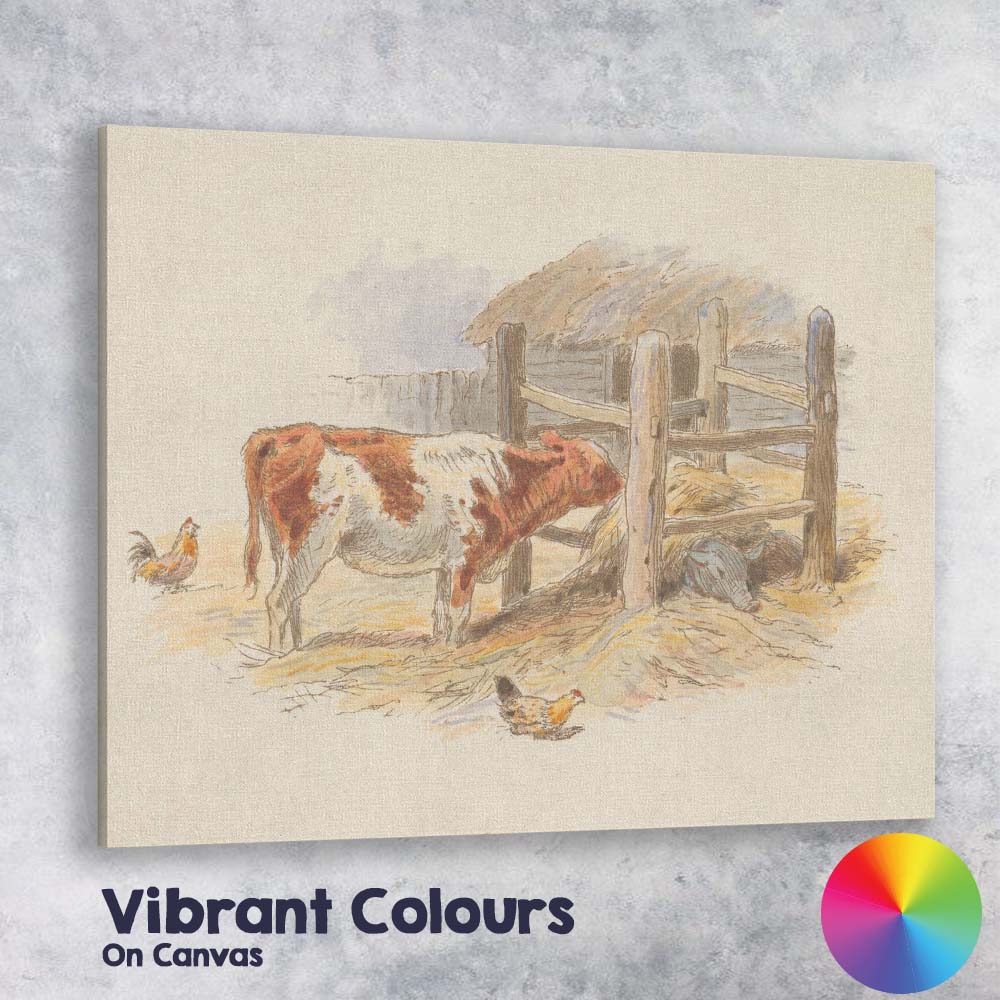 Traditional Farmyard Cow and Chickens Rural Watercolour Canvas Wall Art Print Decor Picture Ready to Hang